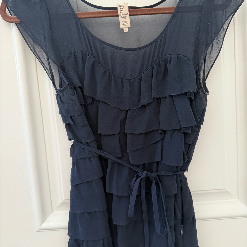 Anthropologie  Navy Ruffle sweetheart sheer top Blouse Size 4 S